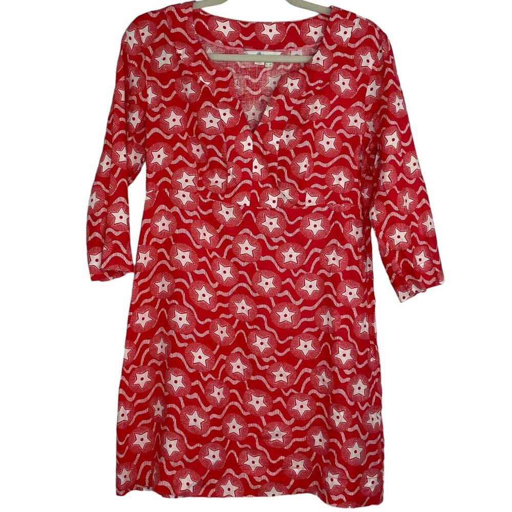 Boden 100% Linen red white V-neck short shift dress star print women's size 6P